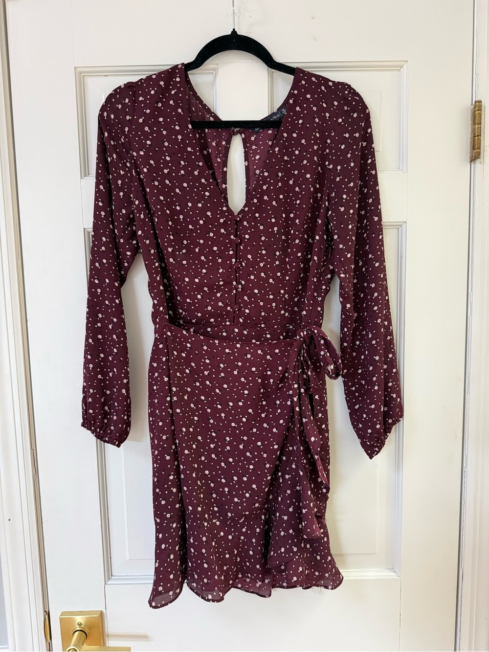 Abercrombie & Fitch Maroon Floral Tie-Waist Long-Sleeve Wrap Dress